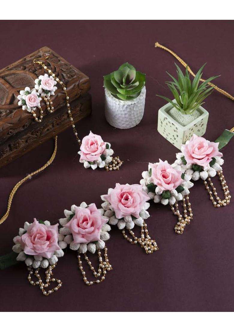 Floral Bridal Jewellery Set for Women and Girls Artificial Flower Haar Maang Tikka Earrings Bangles Kamarbandh - Indya