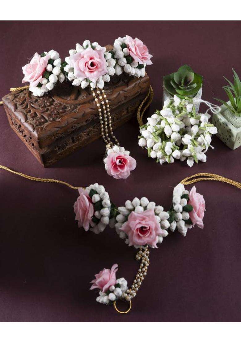 Floral Bridal Jewellery Set for Women and Girls Artificial Flower Haar Maang Tikka Earrings Bangles Kamarbandh - Indya