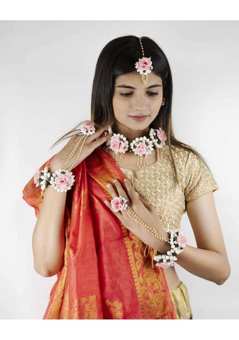 Floral Bridal Jewellery Set for Women and Girls Artificial Flower Haar Maang Tikka Earrings Bangles Kamarbandh - Indya