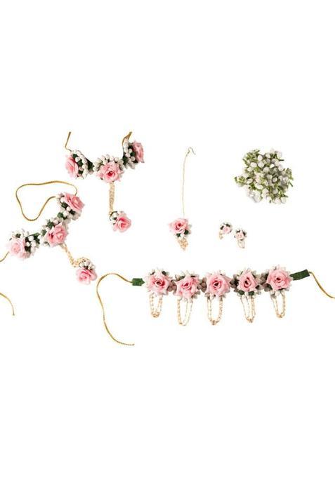Floral Bridal Jewellery Set for Women and Girls Artificial Flower Haar Maang Tikka Earrings Bangles Kamarbandh