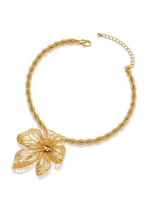 Areala Golden Sculpted Flower Necklace for Women Elegant Floral Pendant Necklace