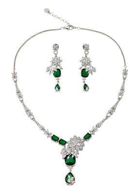 Karatcart Sparkling Green American Diamond Silver Tone Floral Jewellery Set for Women