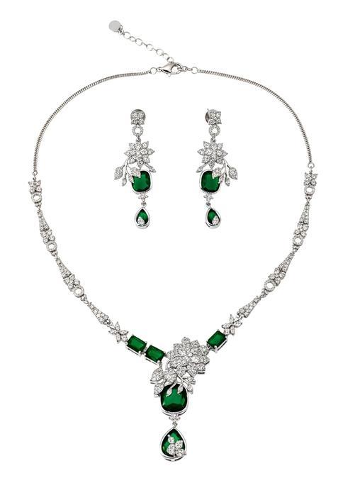 Karatcart Sparkling Green American Diamond Silver Tone Floral Jewellery Set for Women