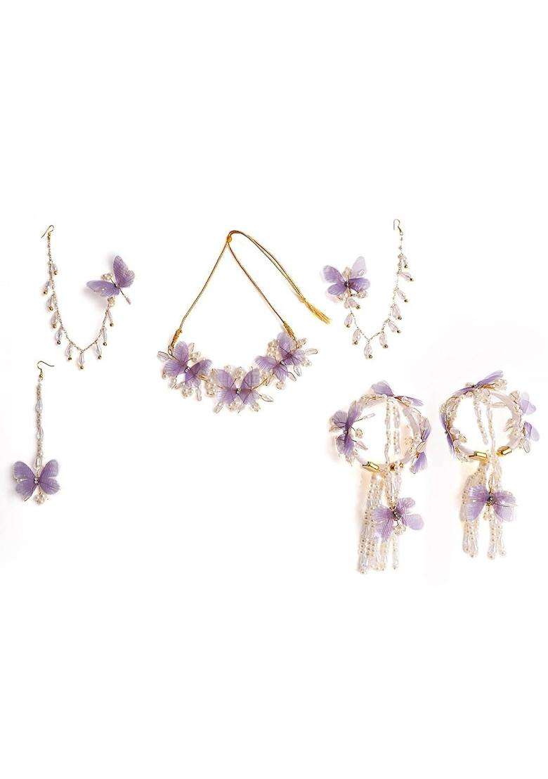 NMII Lavender Stylish Floral Butterfly Jewellery Set for Bridal Women and Girls with Moti and Diamonds - Indya