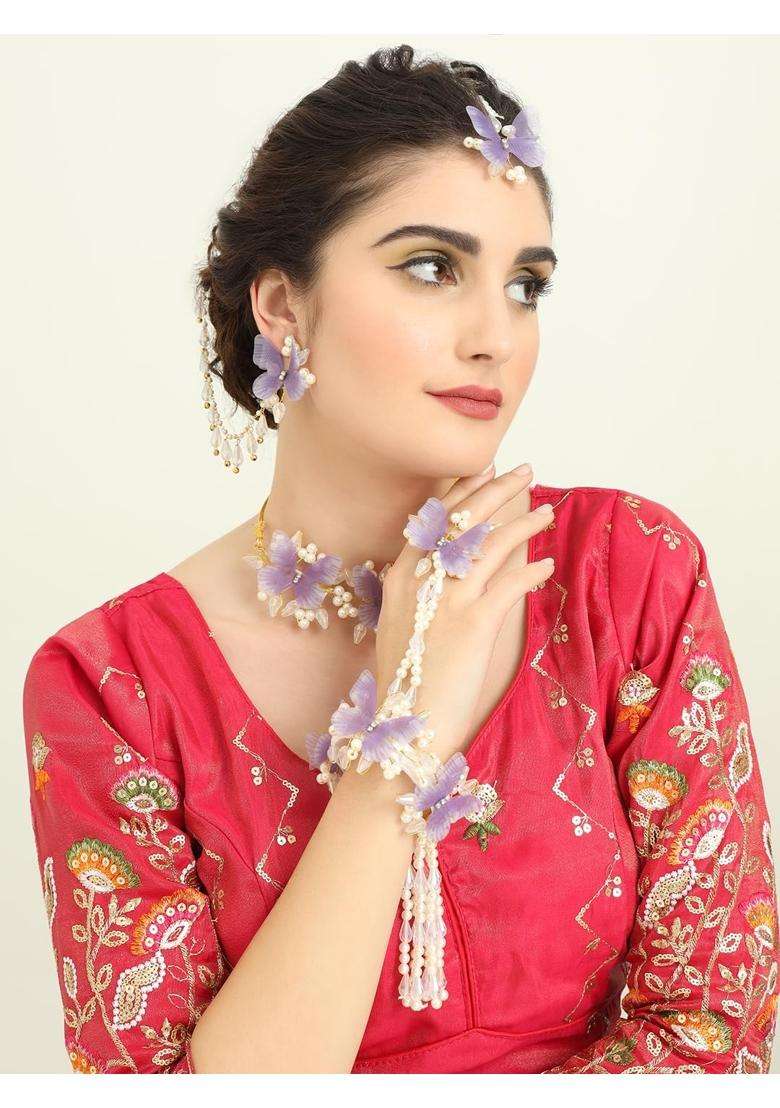 NMII Lavender Stylish Floral Butterfly Jewellery Set for Bridal Women and Girls with Moti and Diamonds - Indya