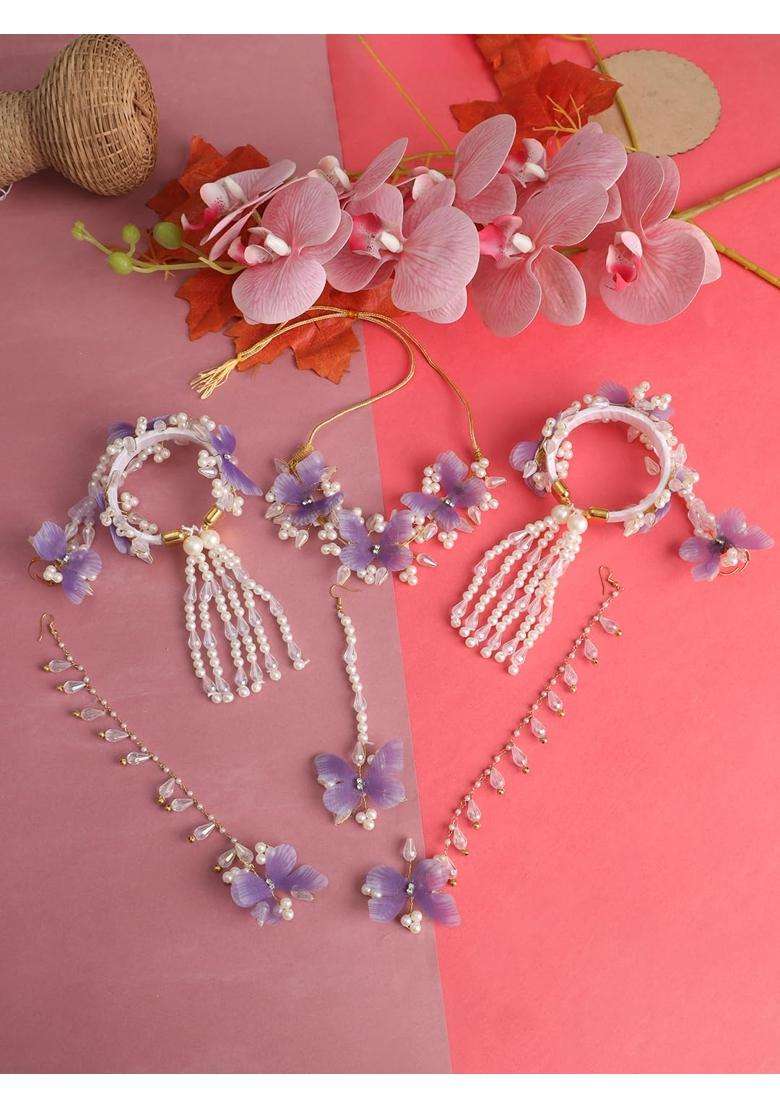 NMII Lavender Stylish Floral Butterfly Jewellery Set for Bridal Women and Girls with Moti and Diamonds - Indya