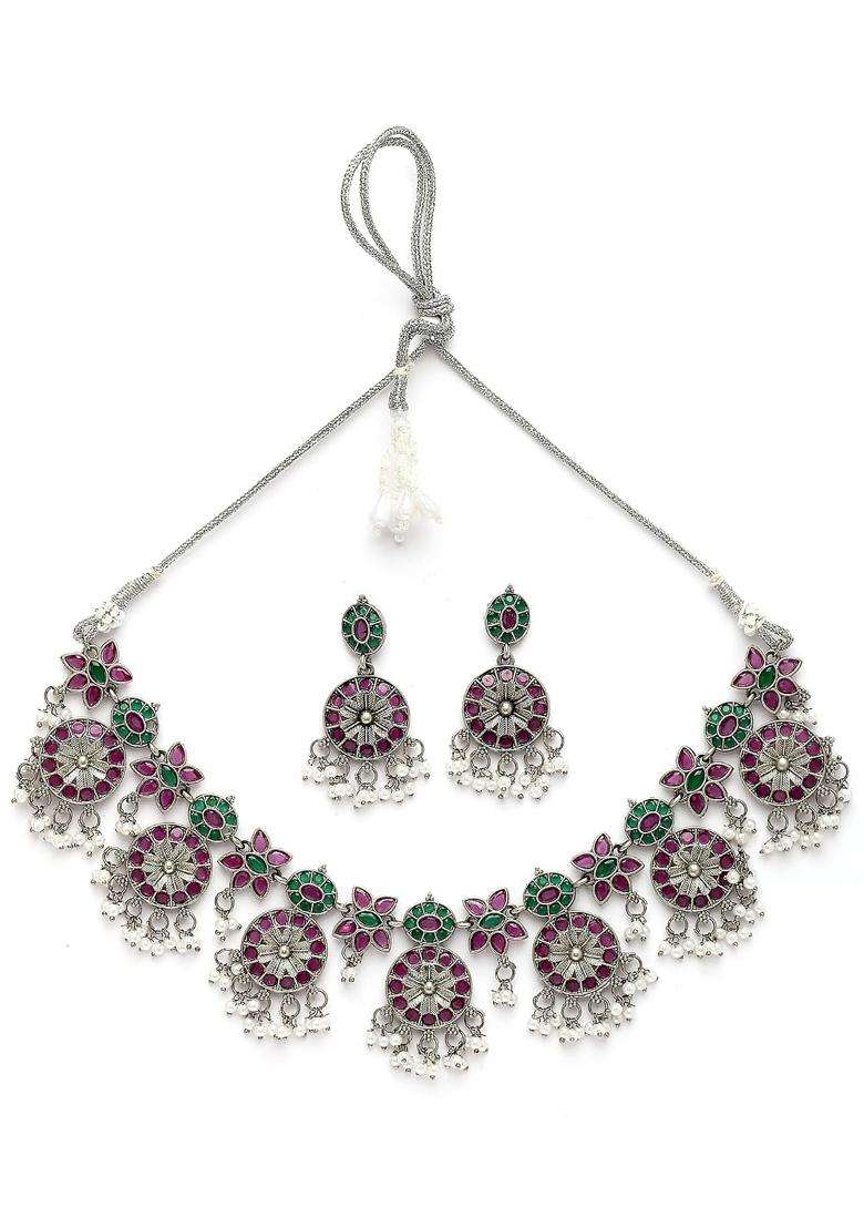 Karatcart Red and Green Stone Oxidised Silver Floral Jewellery Set for Women - Indya