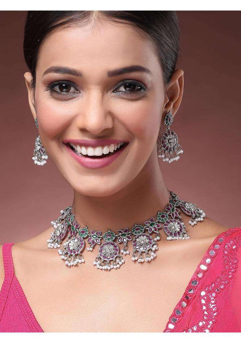 Karatcart Red and Green Stone Oxidised Silver Floral Jewellery Set for Women - Indya