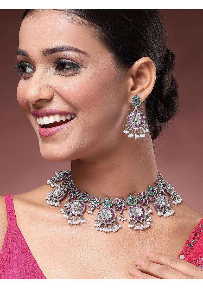 Karatcart Red and Green Stone Oxidised Silver Floral Jewellery Set for Women - Indya
