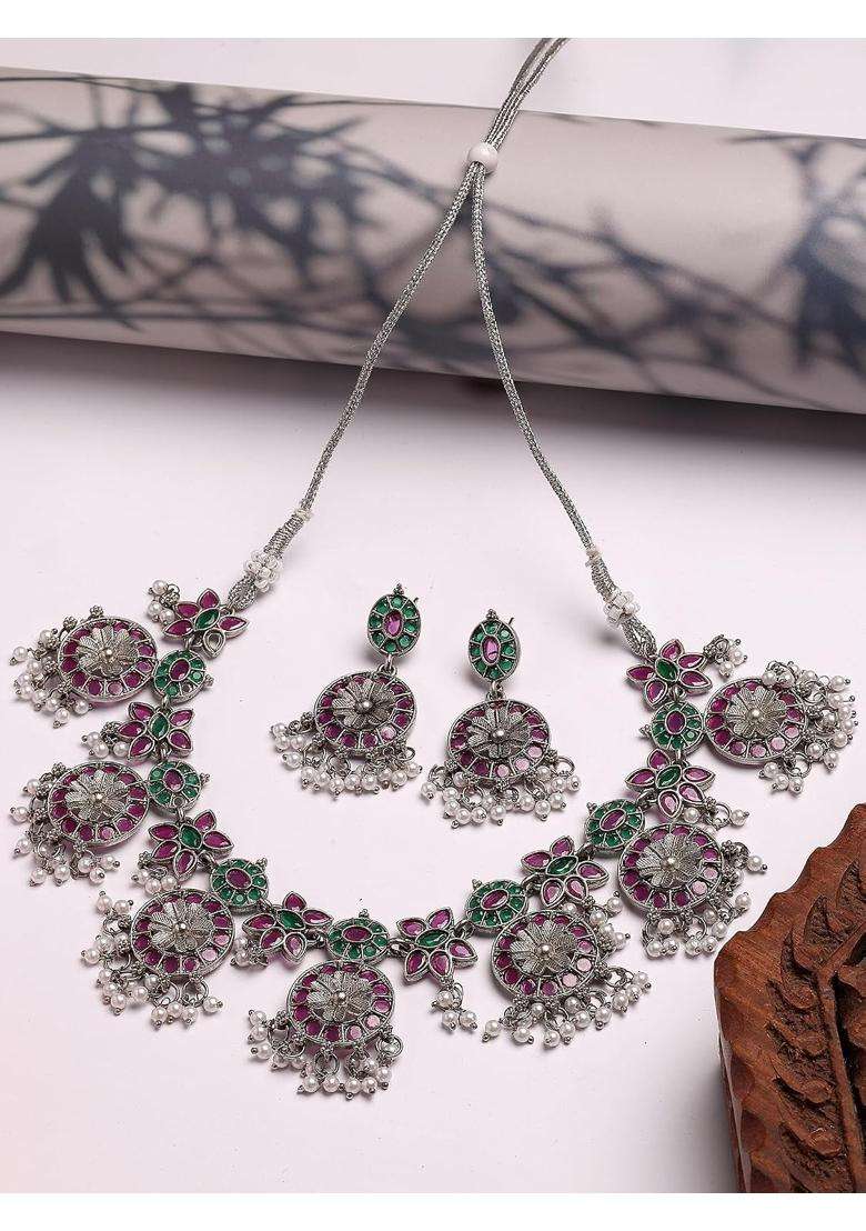Karatcart Red and Green Stone Oxidised Silver Floral Jewellery Set for Women - Indya
