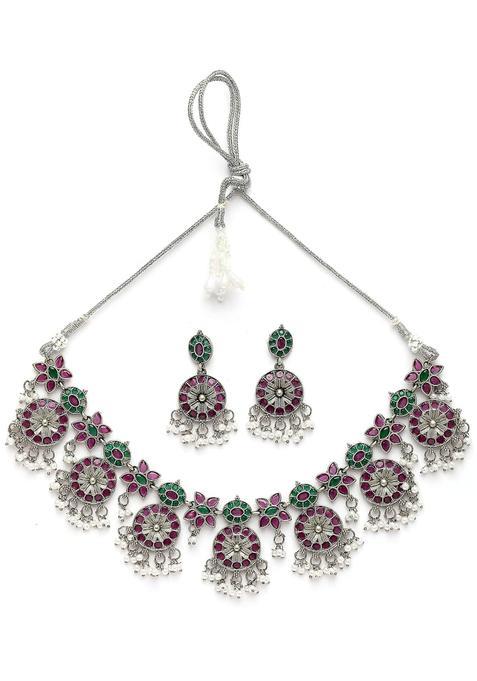 Karatcart Red and Green Stone Oxidised Silver Floral Jewellery Set for Women
