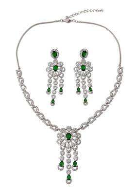 Karatcart Glamorous Green American Diamond Studded Floral Jewellery Set for Women