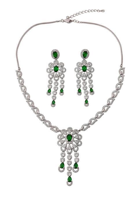 Karatcart Glamorous Green American Diamond Studded Floral Jewellery Set for Women