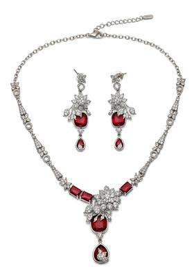 Karatcart Sparkling Red American Diamond Silver Tone Floral Jewellery Set for Women
