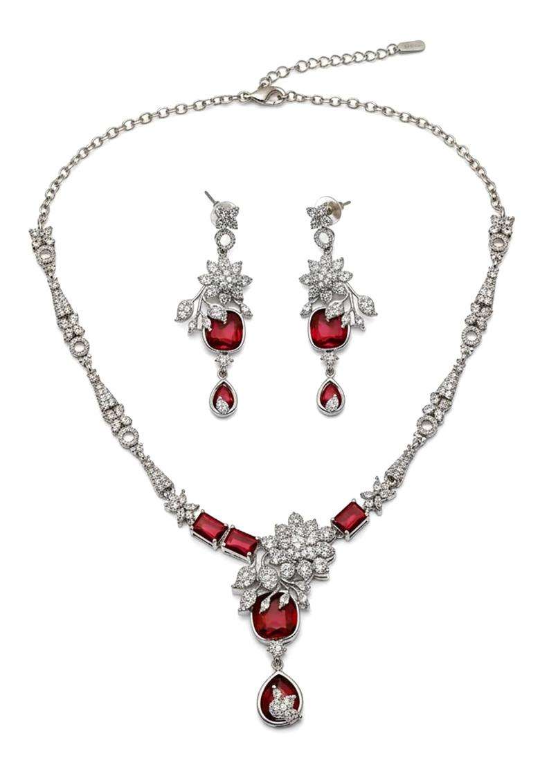 Karatcart Sparkling Red American Diamond Silver Tone Floral Jewellery Set for Women - Indya