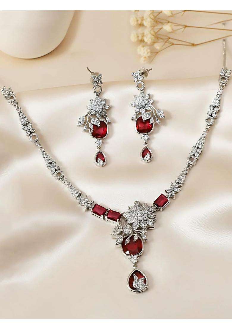 Karatcart Sparkling Red American Diamond Silver Tone Floral Jewellery Set for Women - Indya