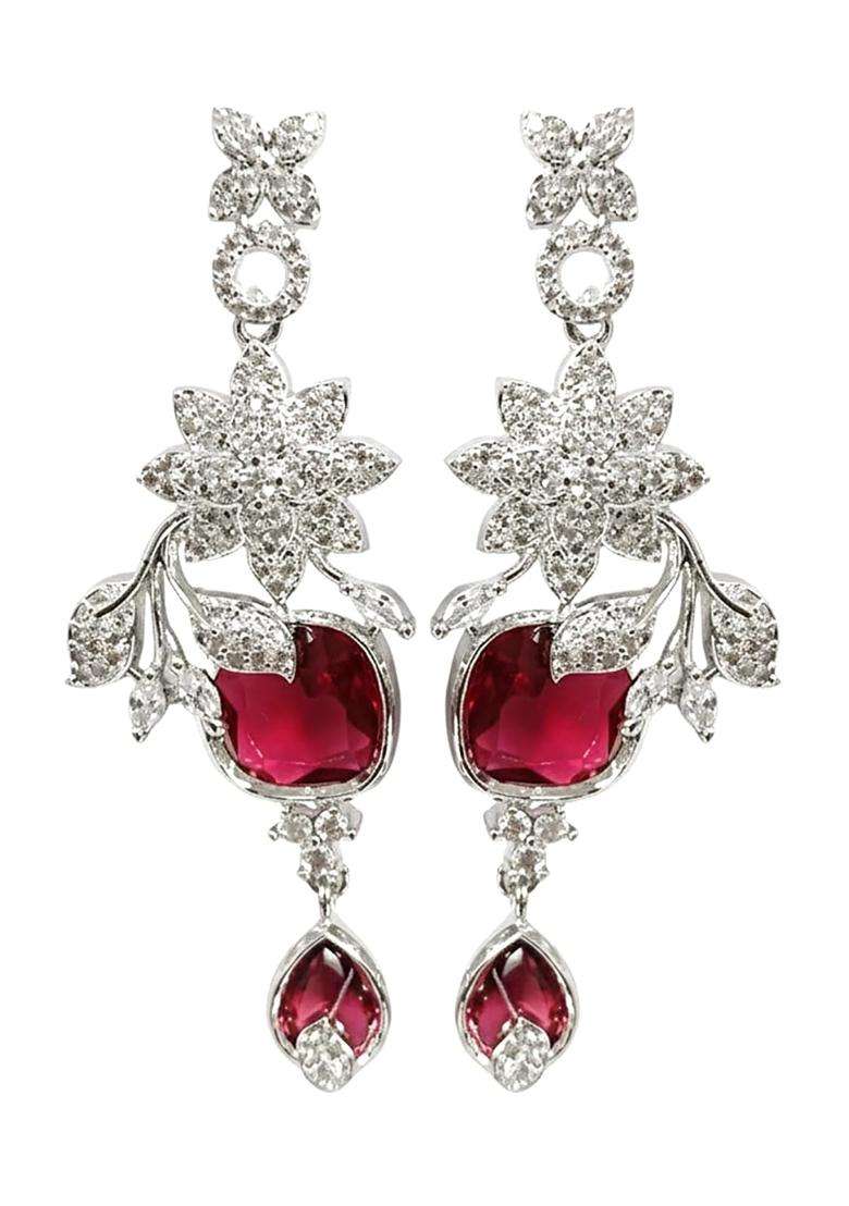 Karatcart Sparkling Red American Diamond Silver Tone Floral Jewellery Set for Women - Indya