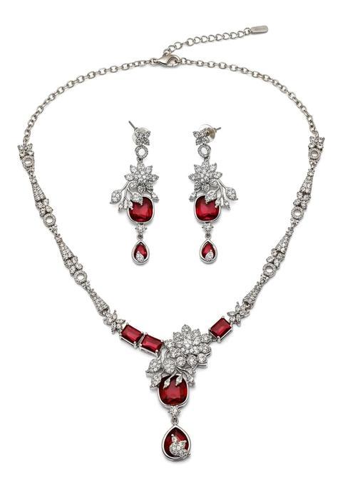 Karatcart Sparkling Red American Diamond Silver Tone Floral Jewellery Set for Women