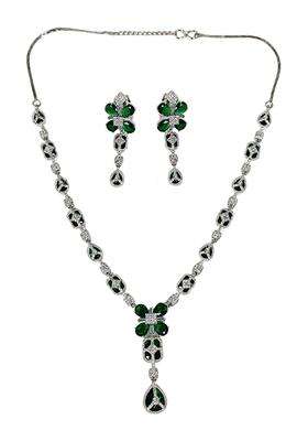 Karatcart Sparkling Green American Diamond Studded Silver Plated Floral Jewellery Set for Women