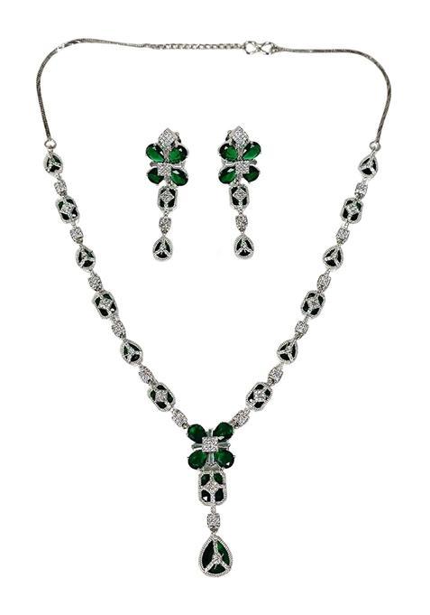 Karatcart Sparkling Green American Diamond Studded Silver Plated Floral Jewellery Set for Women
