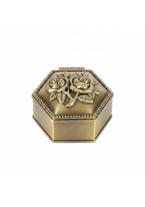Trendivibe Floral Relief Vintage Metal Jewelry Box Beaded Trim Floral Jewelry Box Black Interior Flower Carved