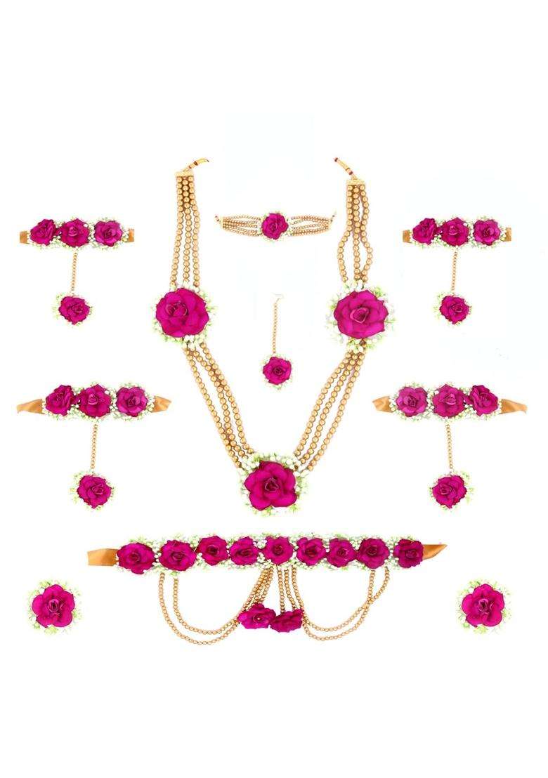 Anuradha Plus Rani Colour Bridal Flower Jewellery Set for Haldi Gota Patti Necklace Earrings - Indya