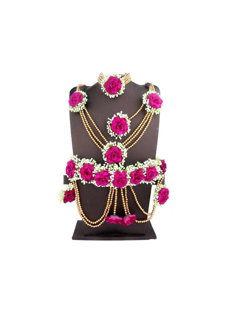 Anuradha Plus Rani Colour Bridal Flower Jewellery Set for Haldi Gota Patti Necklace Earrings - Indya