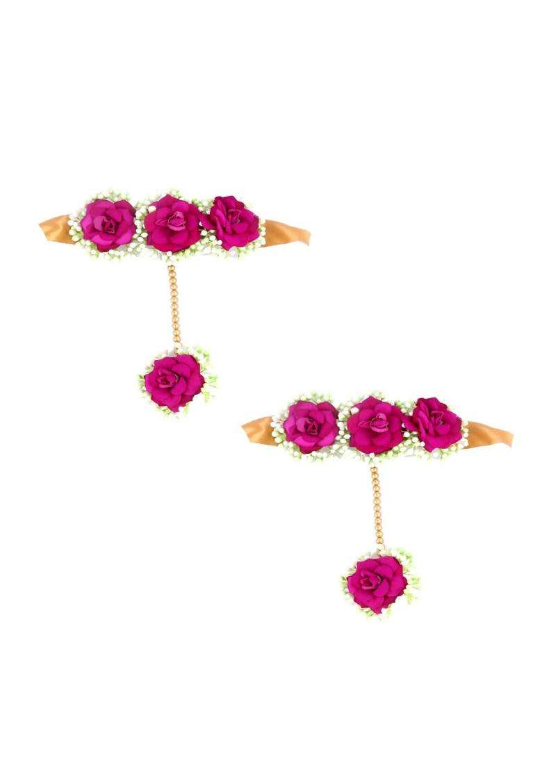Anuradha Plus Rani Colour Bridal Flower Jewellery Set for Haldi Gota Patti Necklace Earrings - Indya
