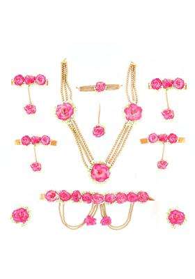 Anuradha Pearl Jewellery Latest Pink Colour Bridal Flower Jewellery Set for Haldi Gota Patti Necklace Earrings