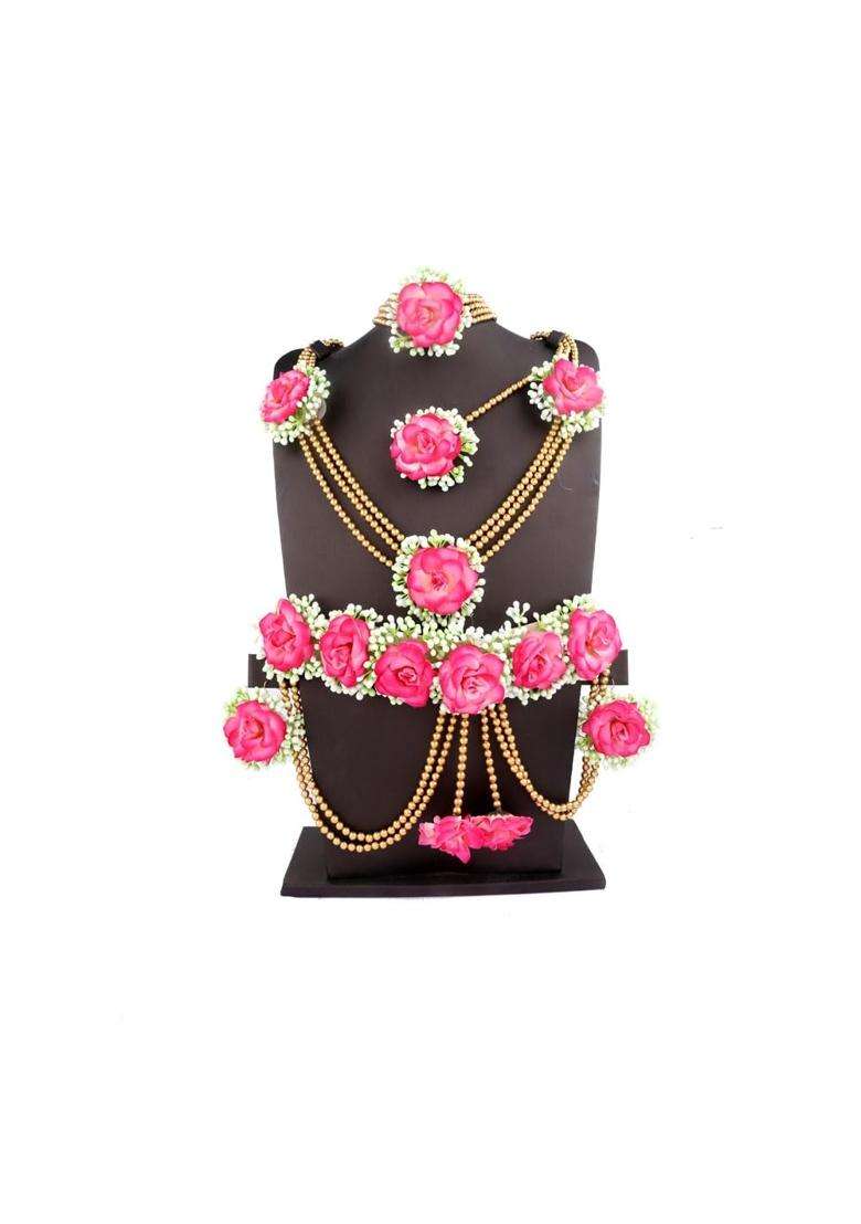 Anuradha Pearl Jewellery Latest Pink Colour Bridal Flower Jewellery Set for Haldi Gota Patti Necklace Earrings - Indya