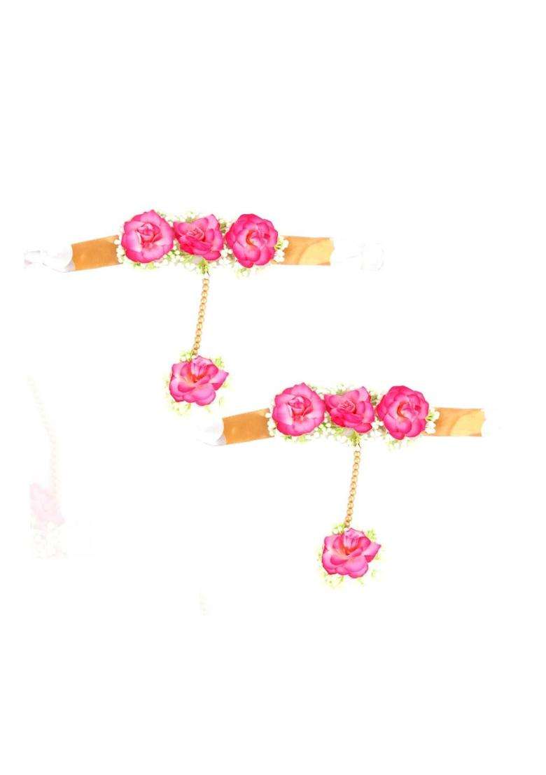 Anuradha Pearl Jewellery Latest Pink Colour Bridal Flower Jewellery Set for Haldi Gota Patti Necklace Earrings - Indya