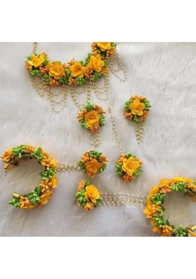 Arihant Arts Flower Jewellery for Haldi or Mehndi Function Green and Yellow 03 - Indya