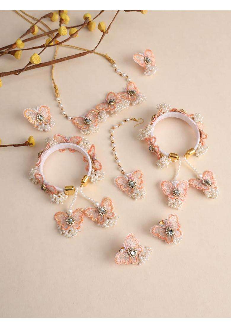 Zulka Peach Butterfly Flower Jewellery Set for Bridal Women and Girls with Moti and Zircon Stones - Indya