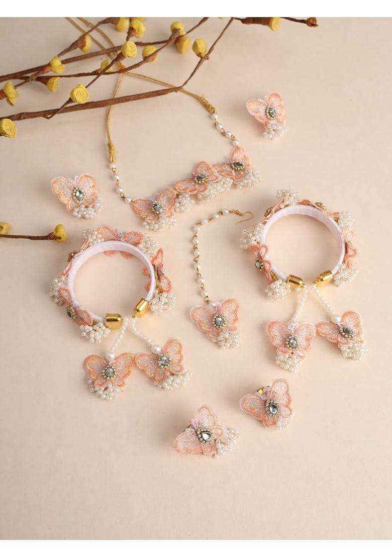Zulka Peach Butterfly Flower Jewellery Set for Bridal Women and Girls with Moti and Zircon Stones - Indya
