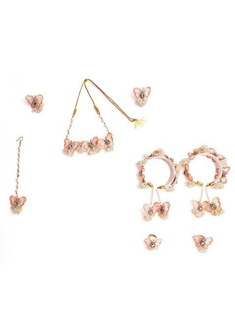 Zulka Peach Butterfly Flower Jewellery Set for Bridal Women and Girls with Moti and Zircon Stones