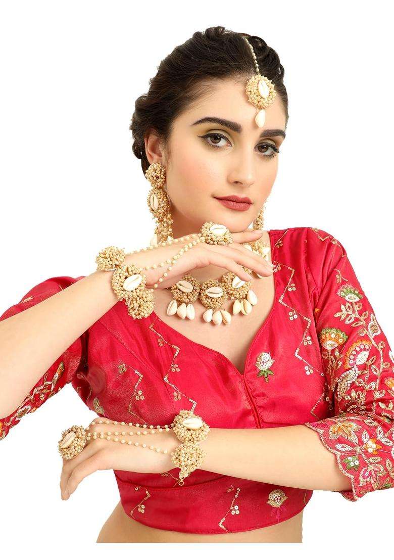 Zulka Designer Kaudi Shell and Moti Pearls Gajra Jewellery Set for Bridal Women and Girls - Indya