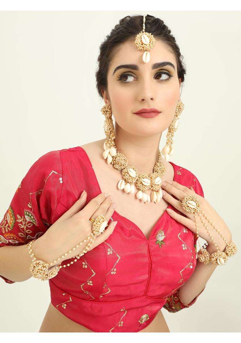 Zulka Designer Kaudi Shell and Moti Pearls Gajra Jewellery Set for Bridal Women and Girls - Indya