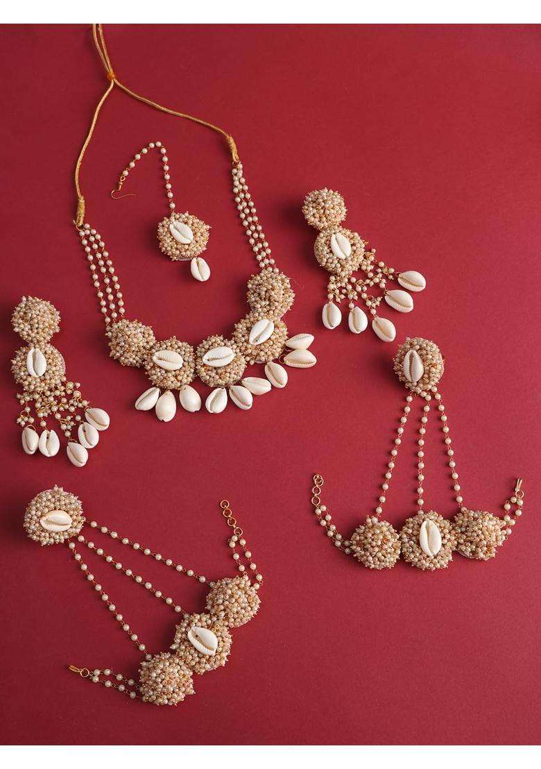 Zulka Designer Kaudi Shell and Moti Pearls Gajra Jewellery Set for Bridal Women and Girls - Indya