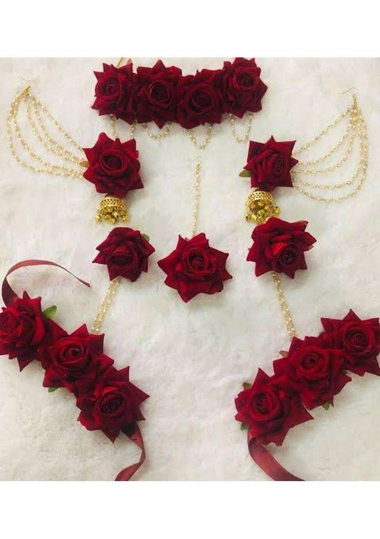 Arihant Arts Flower Jewellery for Haldi or Mehndi Function with Rose Red 01 - Indya