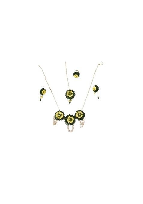 Prafullit Flowers Handcrafted Artificial Floral Jewellery Set for Women Green and Yellow Flower Necklace