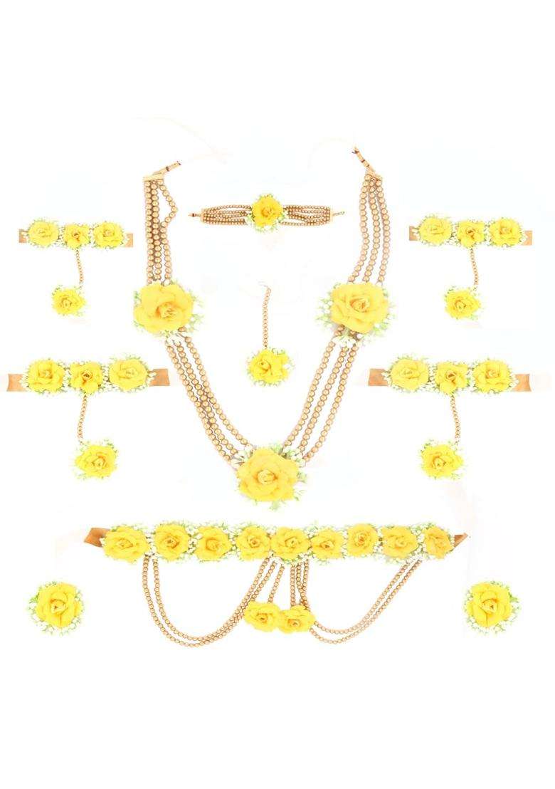 Anuradha Plus Fancy Yellow Colour Bridal Flower Jewellery Set for Haldi Gota Patti Necklace Earrings - Indya