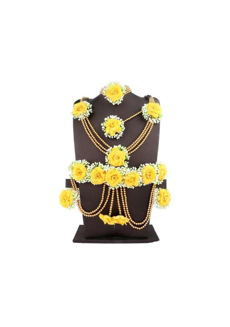 Anuradha Plus Fancy Yellow Colour Bridal Flower Jewellery Set for Haldi Gota Patti Necklace Earrings - Indya