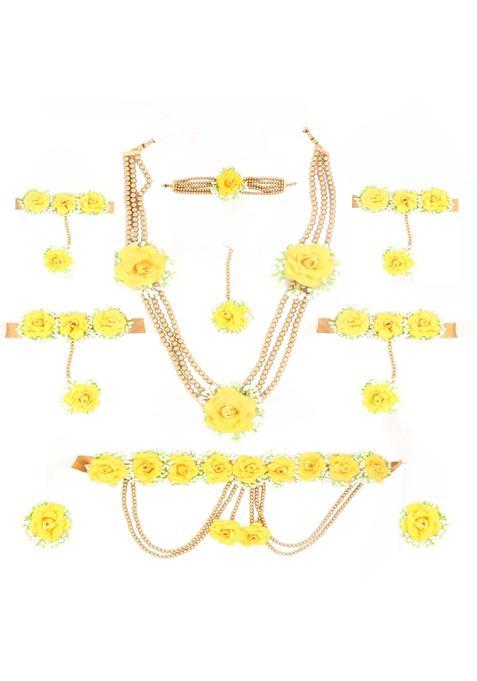 Anuradha Plus Fancy Yellow Colour Bridal Flower Jewellery Set for Haldi Gota Patti Necklace Earrings