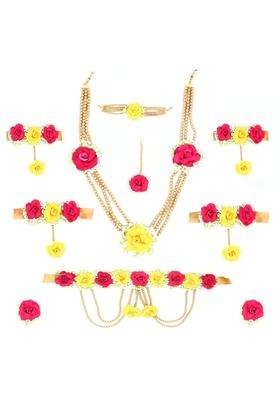 Anuradha Plus Pink and Yellow Colour Bridal Flower Jewellery Set for Haldi Gota Patti Necklace Earrings