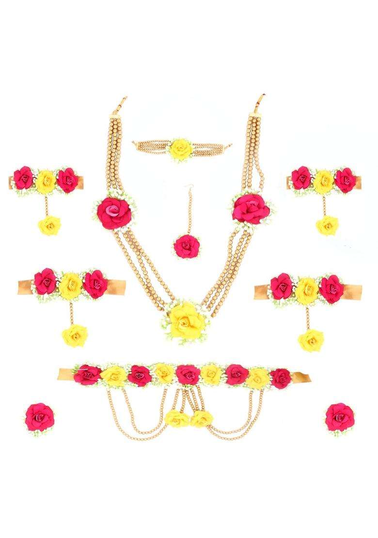 Anuradha Plus Pink and Yellow Colour Bridal Flower Jewellery Set for Haldi Gota Patti Necklace Earrings - Indya