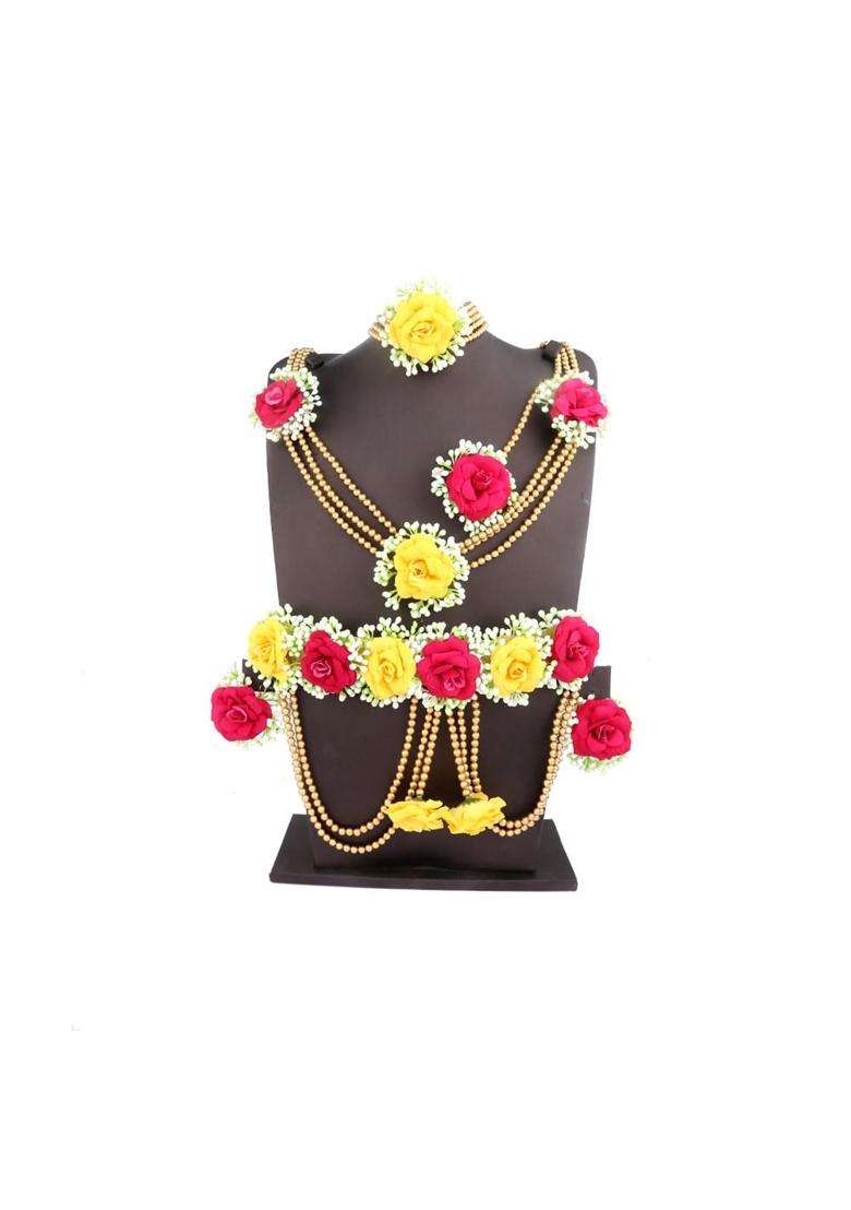 Anuradha Plus Pink and Yellow Colour Bridal Flower Jewellery Set for Haldi Gota Patti Necklace Earrings - Indya