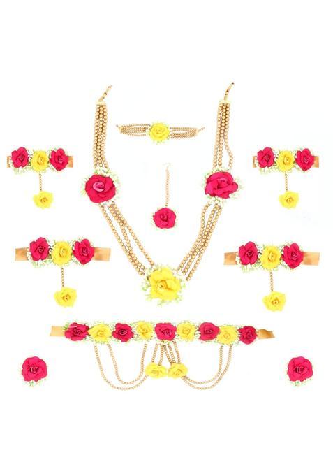Anuradha Plus Pink and Yellow Colour Bridal Flower Jewellery Set for Haldi Gota Patti Necklace Earrings