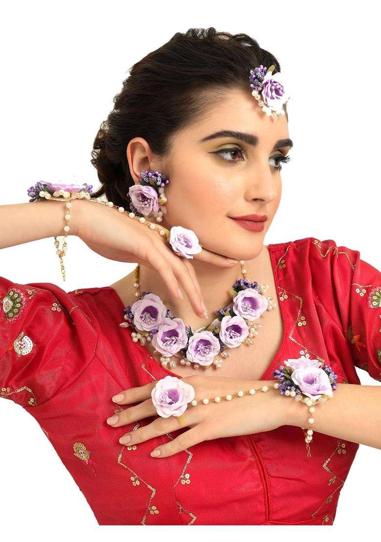 Zulka Rose Flower Jewellery Set for Bridal Women and Girls with White Moti Pearls - Indya