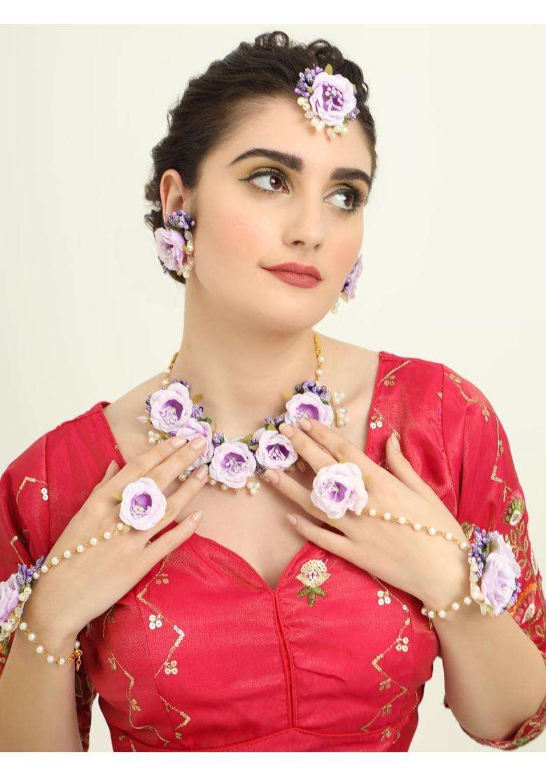Zulka Rose Flower Jewellery Set for Bridal Women and Girls with White Moti Pearls - Indya