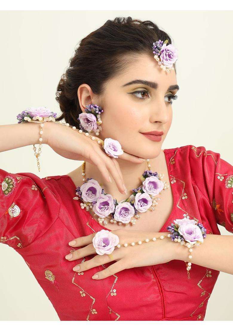 Zulka Rose Flower Jewellery Set for Bridal Women and Girls with White Moti Pearls - Indya